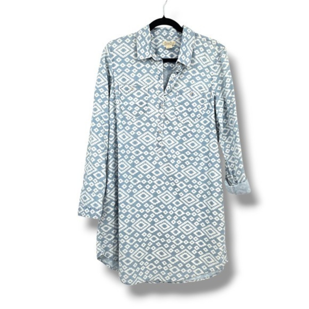 Lucky Brand Denim Dress‎ Shirt Aztec Print Long Sleeve Casual Medium